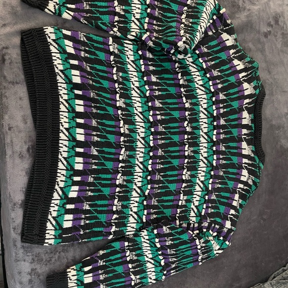 Vibrant Geometric Cardigan Sweater - Black, Green, Purple - Picture 4 of 5